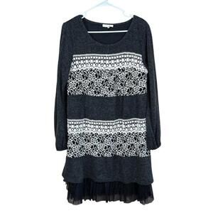 RYU Embroidered Lace‎ Ruffle Sweater Dress in Charcoal Size Large EUC